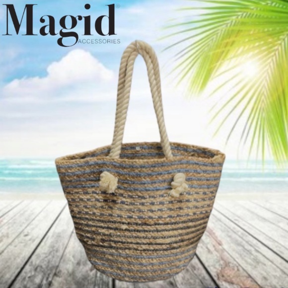Magid Striped Sisal Jute & Denim Woven Tote